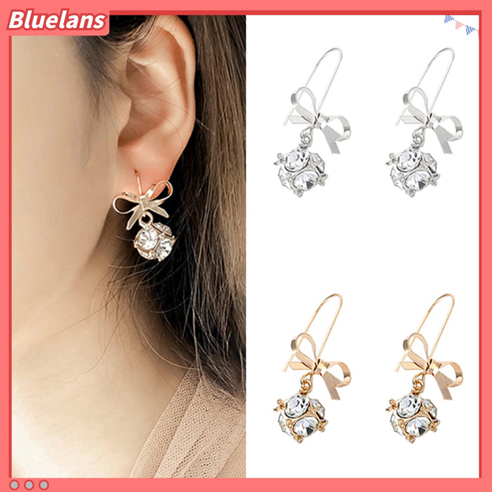 Anting Kait Gantung Wanita Desain Pita Hias Berlian Imitasi Berkilau Untuk Pesta / Hadiah