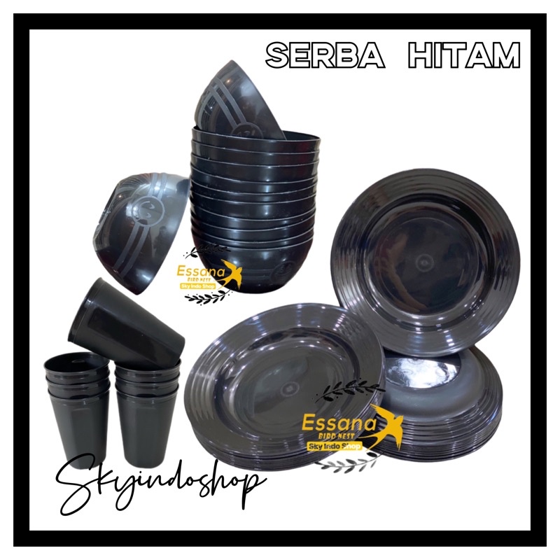 ( Serba Warna Hitam ) ( 12 Pcs ) Gelas , Mangkok , Piring Bulat , Piring Bunga , Piring Persegi Baha