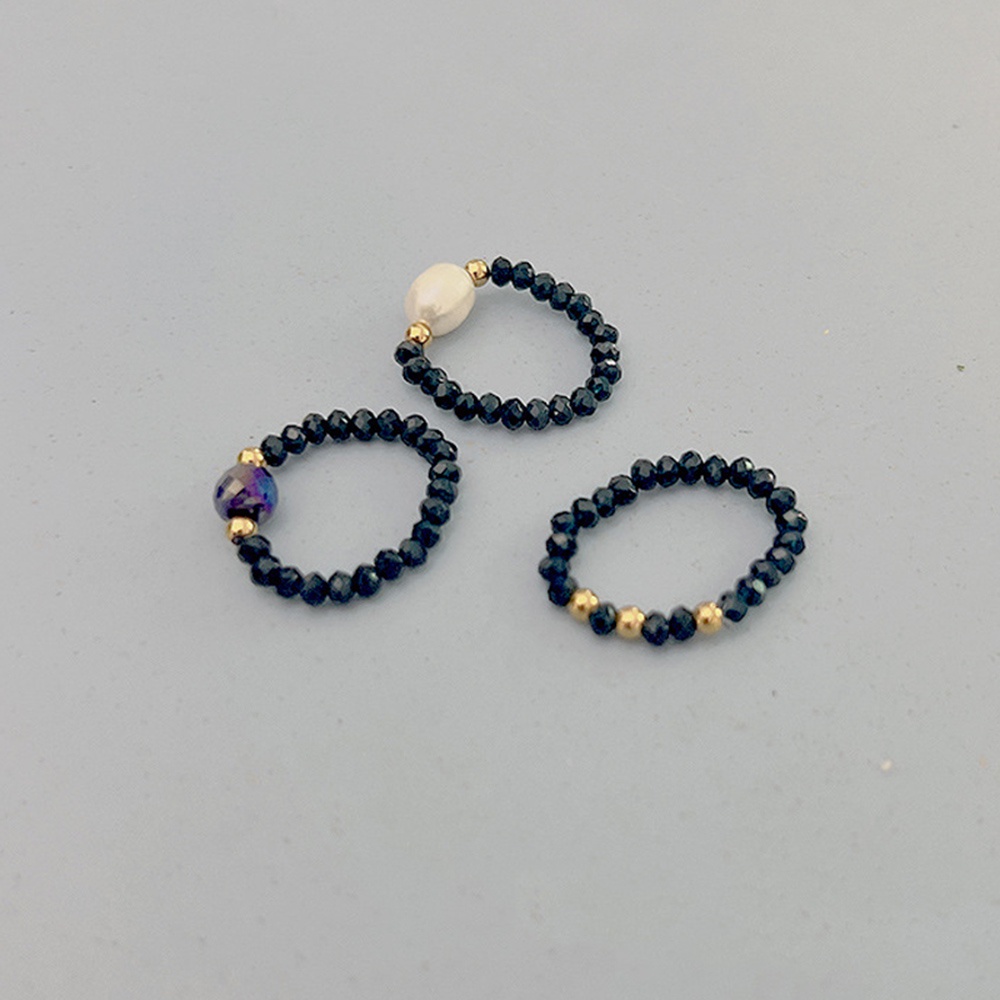 Cincin Elastis Handmade Hias Manik-Manik Mutiara Imitasi Warna Hitam Untuk Wanita