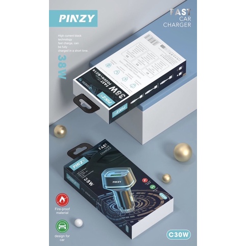Saver Mobil PINZY C30W Fast PD20W + QC18 38W Gree Kabel LIGHTNING - Casan mobil Lightning