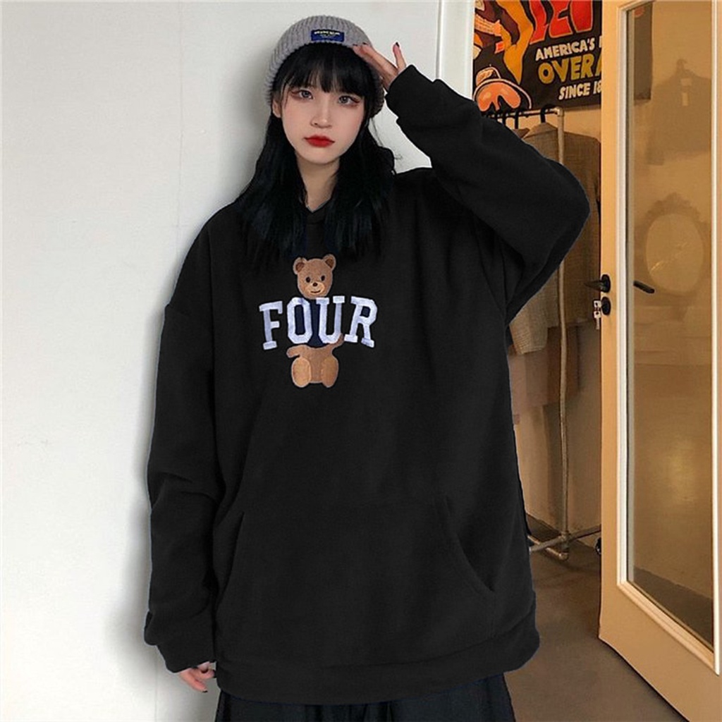 Bear Four Hoodie Oversize Pria Dan Wanita Bahan Fleece Terbaru