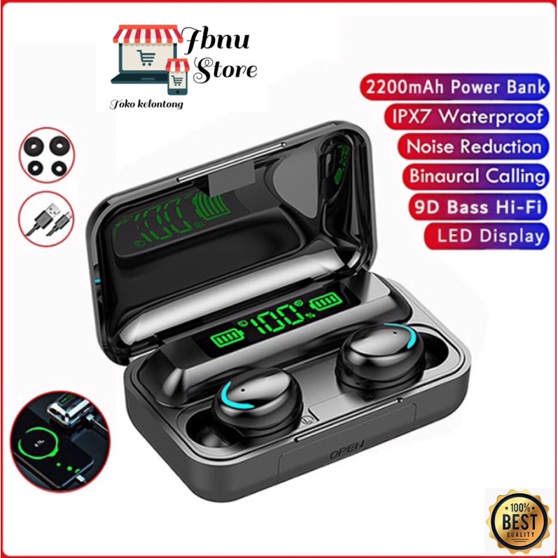 (COD) ORIGINAL EARPHONE TWS F9 WITH POWERBANK 2200 MAH / HEADSET BLUETOOTH TWS F9 ORIGINAL ANTI AIR 
