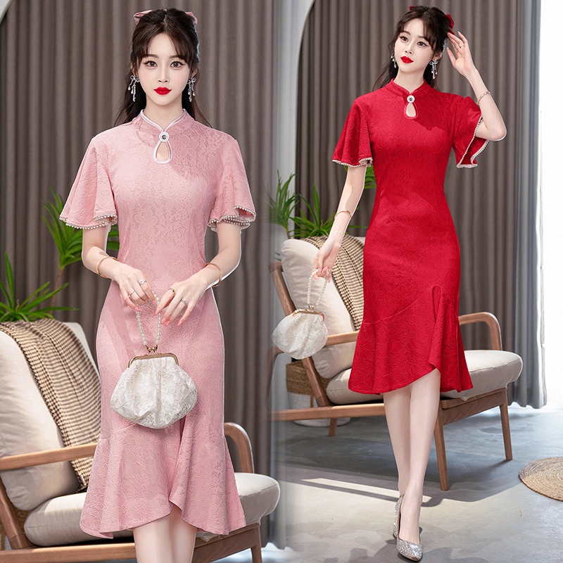 Chinese Traditional Clothing Women Short Sleeve Lace Red Pink Apricot Elegant Wedding Cheongsam Dress Fishtail Hip Midi Dresses Casual Party Summer Qipao Toasting Clothes