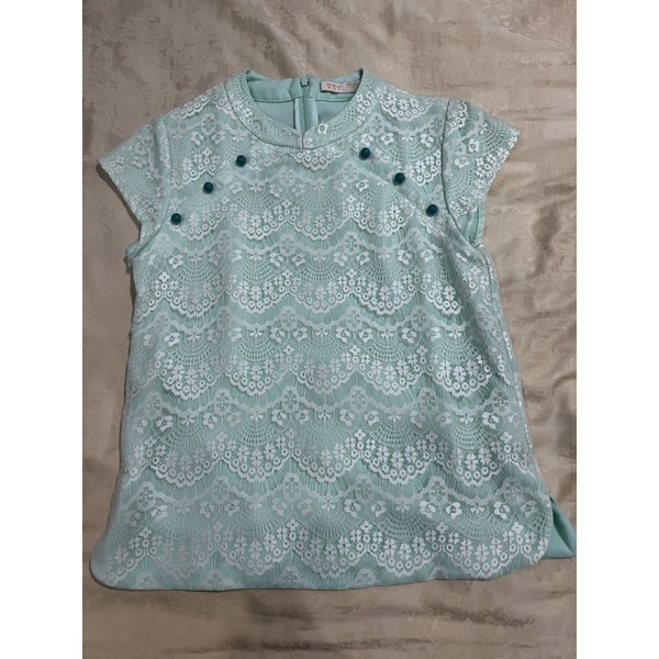 top biru navy polos model cheongsam renda