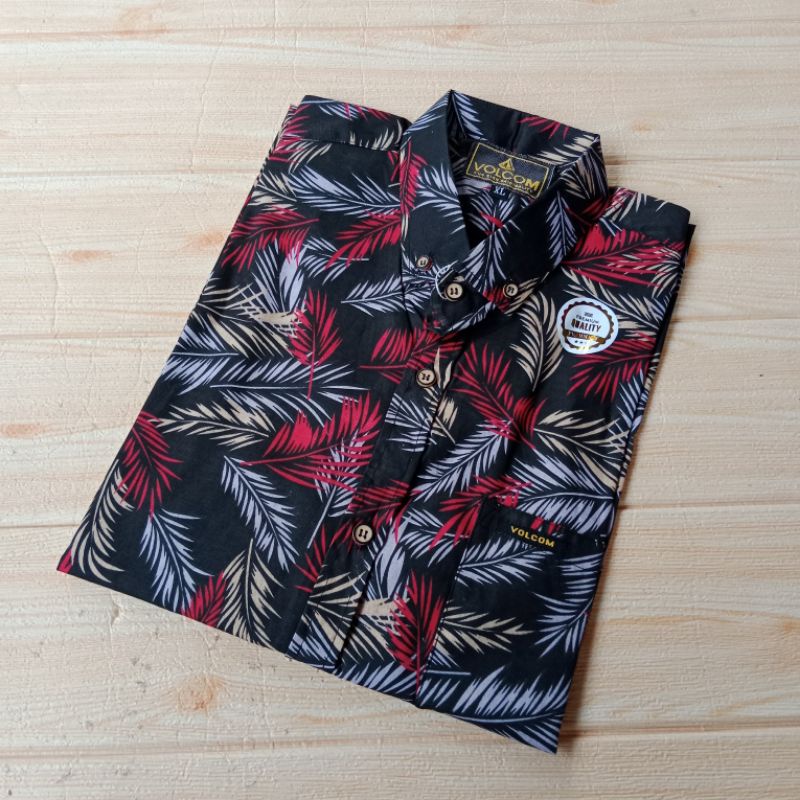 Kemeja Pria Motif Katun Surfing Lengan Pendek Motif Blarak Bunga Pohon Kelapa Daun biru Lovely Fashi