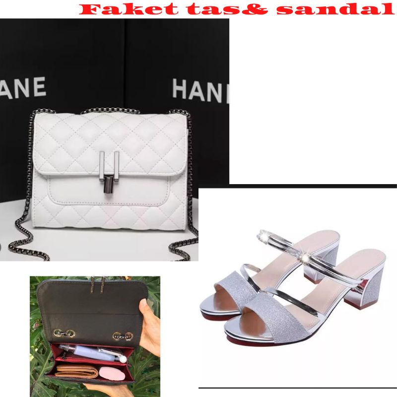 paket 1 stel tas wanita &amp; sandal wanita hak 5cm  terbaru model kekinian