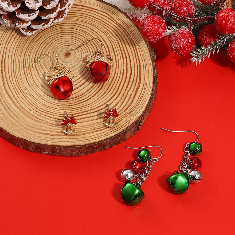 Set Anting Panjang Desain Lonceng Natal Warna Merah Hijau