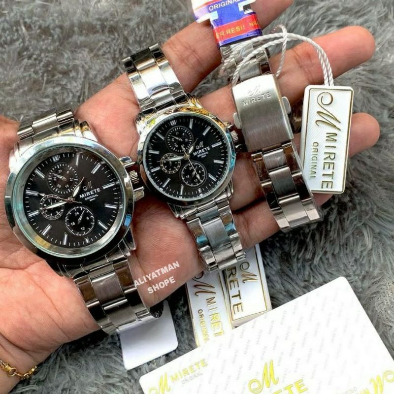 Jam Tangan Pria Wanita Couple Mirete Original Tahan Air Fitur Tanggal Hari Aktif Analog Kuarsa Free Batrai Cadangan_Jam Couple Rantai Stainlees Steel_Mirete