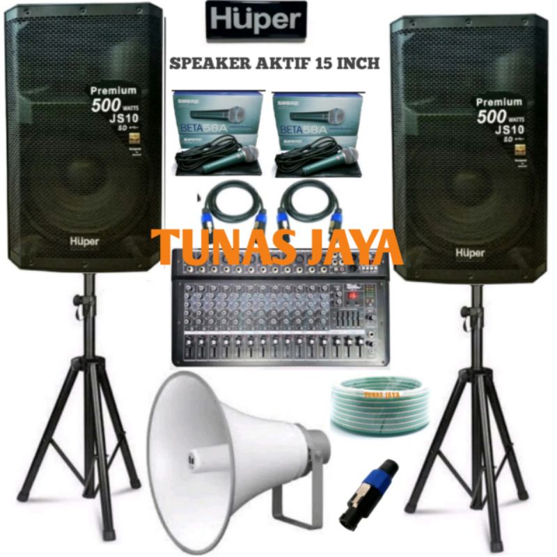 PAKET SPEAKER AKTIF 15 INCH HUPER JS10 DAN POWER MIXER 12 CHANNEL ZH5025B PAKET HUPER