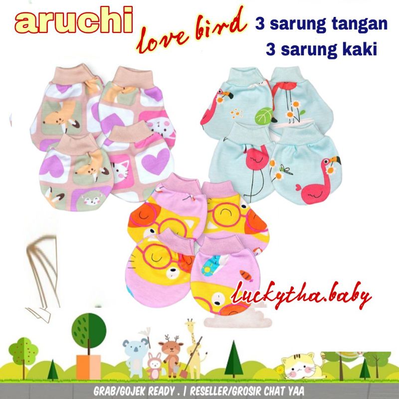 3psg- Velvet junior , aruchi sarung tangan dan kaki bayi motif cheetah,love bird new born/ stk bayi ARUCHI/ sarung tangan dan sarung kaki baby girl