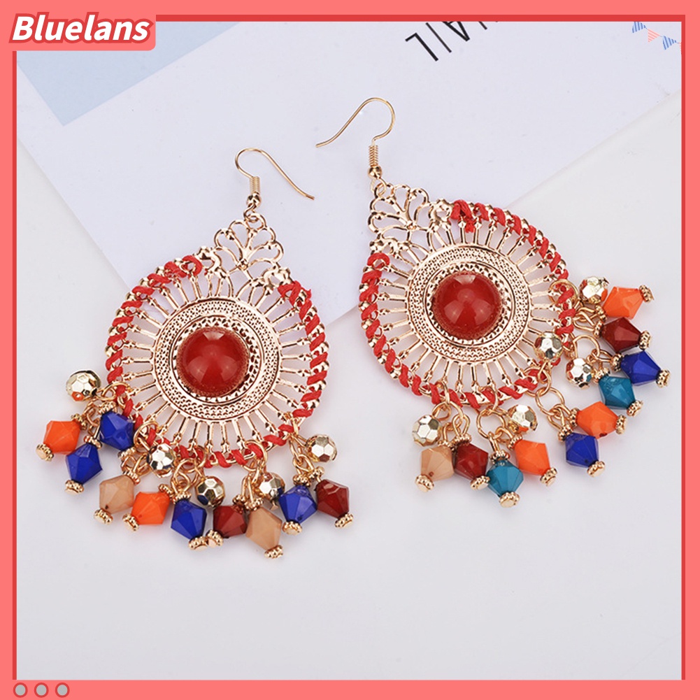 Bluelans Anting Kait Gantung Wanita Desain Rumbai Manik Bulat Gaya Bohemia Retro