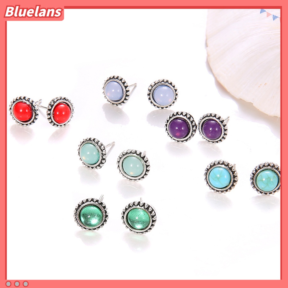 6 Pasang Anting Stud Bentuk Bulat Aksen Batu Permata Imitasi Gaya Vintage Untuk Wanita