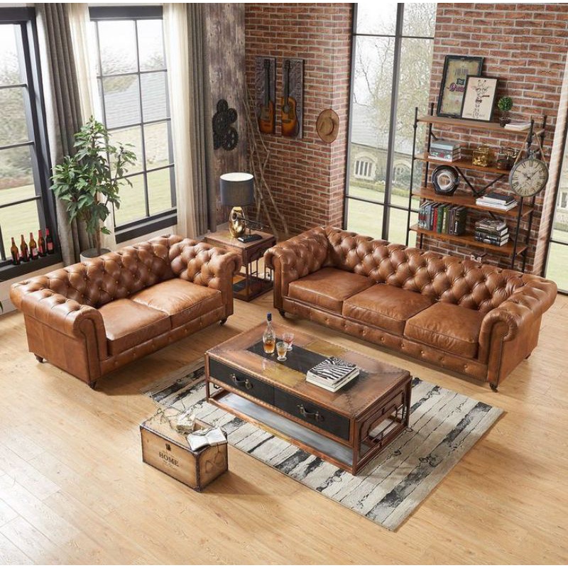 Sofa kulit chesterfield ruang tamu
