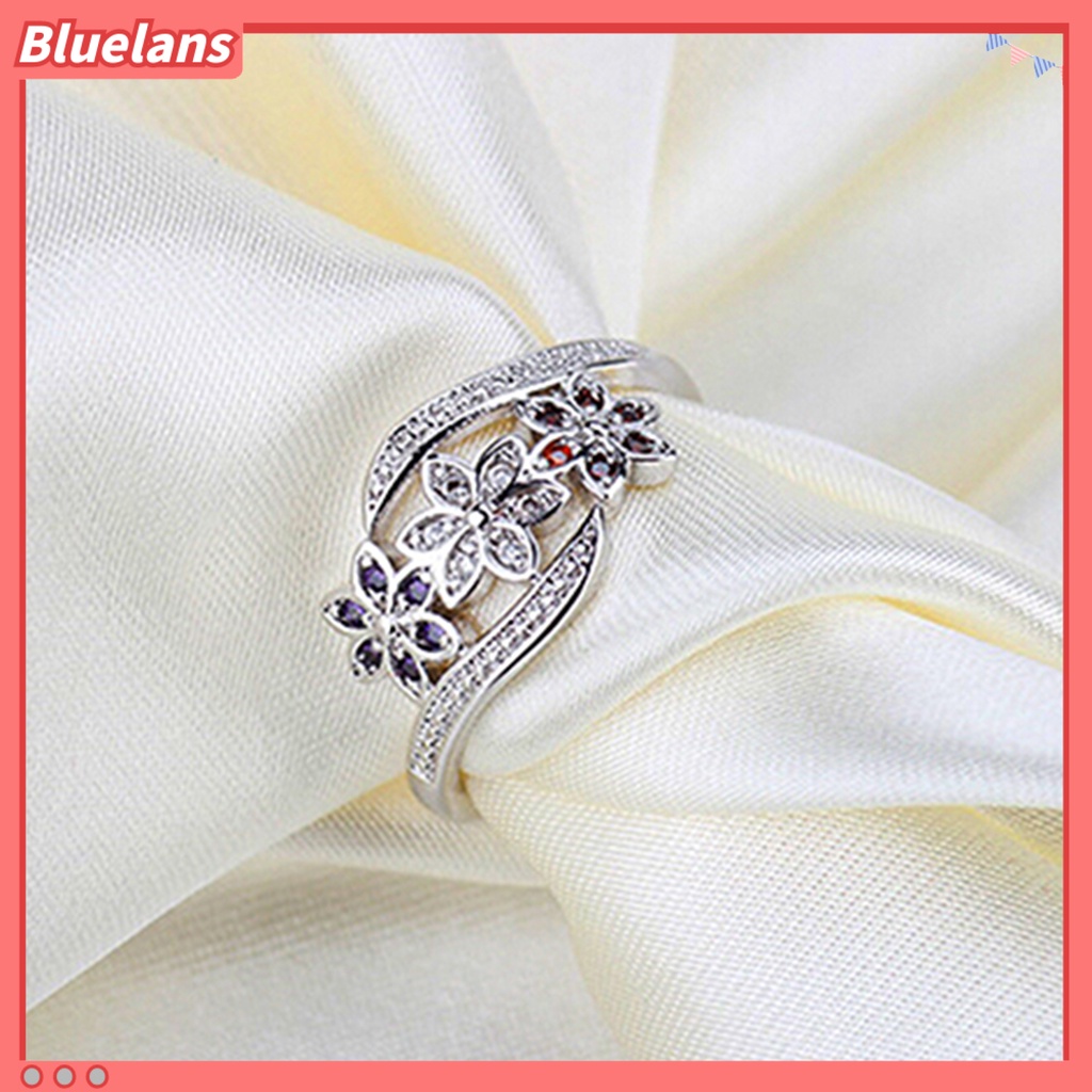 Bluelans Ring Silver Plated Flowers Design Cubic Zirconia Inlaid Shiny Fashion Women Ring