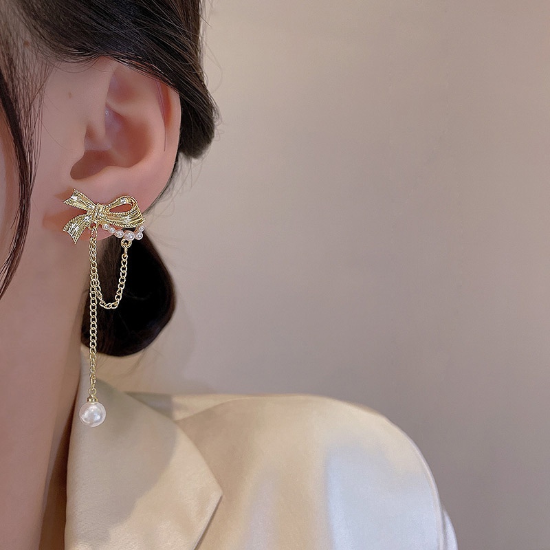 Anting Tusuk Gantung Bahan Sterling silver 925 Desain Pita + Mutiara Untuk Wanita