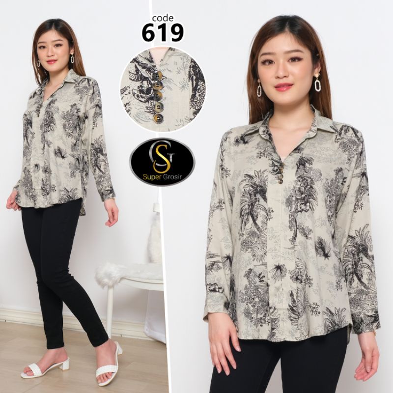 BLOUSE WANITA / BLOUSE KERAH KEMEJA MOTIF, KANCING VARIASI KATUN RAYON - 619