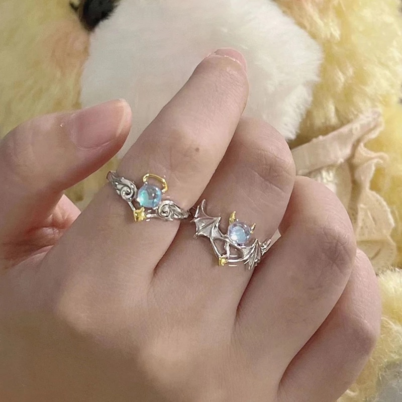 Wanita Pria Fashion Vintage Demon Angel Wing Rings/Ladies Romantic Moonstone Adjustable Open Finger Ring/Pasangan Populer Perhiasan Pesta