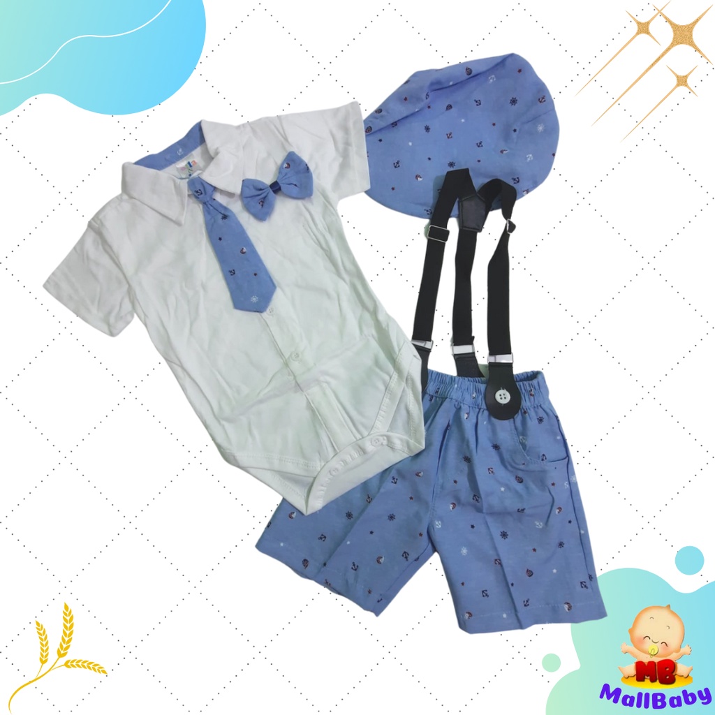 Baju Jalan Pesta Bayi Laki Laki 0 3 6 9 12 Bulan Setelan Jumper Set Dasi Suspender Topi Dale