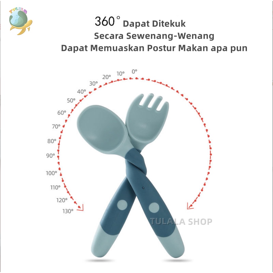 [TULALA SHOP]Sendok garpu bengkok anak-anak / Sendok garpu bayi memutar bayi portabel / 2 In 1 Garpu + Sendok / Portable Bayi Sendok Garpu Belajar Makan Sendok Ditekuk Sendok Garp