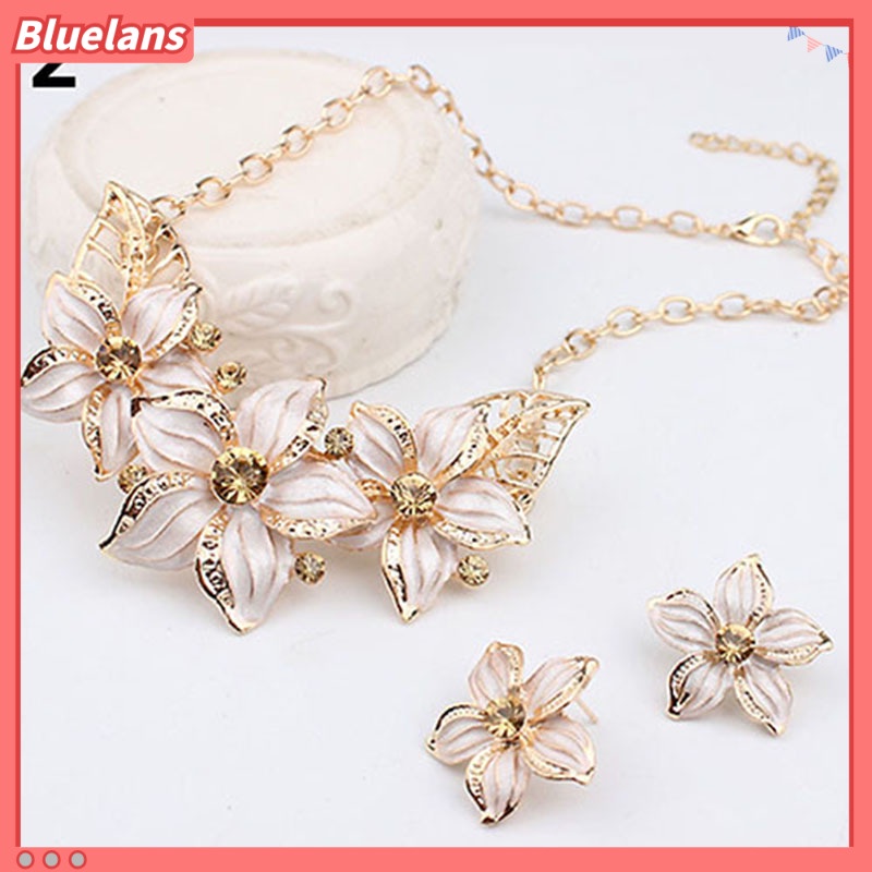 Bluelans Fashion Women Rhinestone Flower Statement Pendant Necklace Earrings Jewelry Set