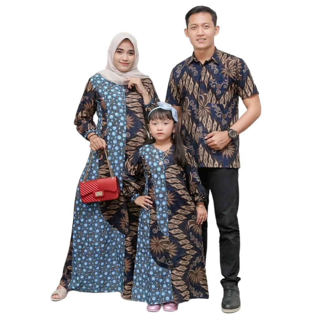 Baju Couple Seragam Keluarga Motif Batik Mega Mendung Biru Kombinasi Bunga Truntum Bintang Kemeja Batik Pria Lengan Pendek Gamis Batik Wanita Dewasa Gamis Batik Anak
