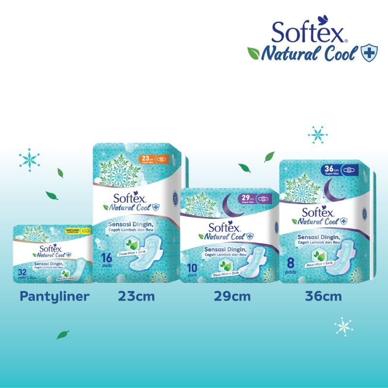 Pembalut Softex Natural Cool + Super Slim dengan Daun Mint dan Sirih 23 cm 29 cm 36 cm / Pantyliner 