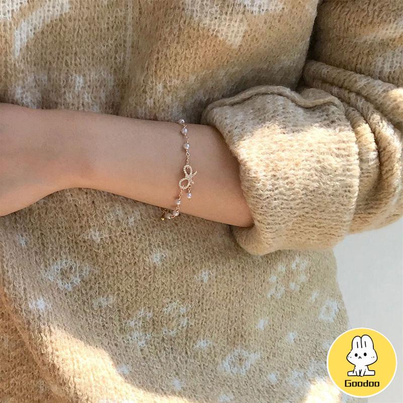 (COD)Gelang Korea Fashion Busur Mutiara Hias Berlian Imitasi Bangle Liar Aksesoris Fashion -Doo