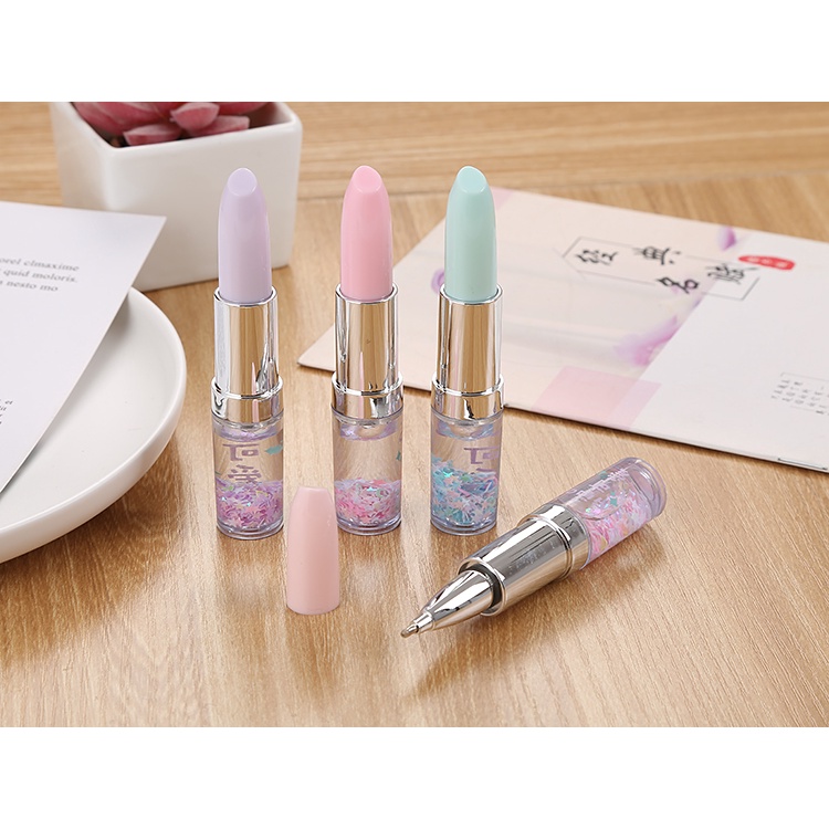 

RB 1 LUSIN (12 PCS) PULPEN GEL GLITTER MOTIF LIPSTICK LUCU IMUT / BOLPEN GEL KARAKTER LIPSTIK LG
