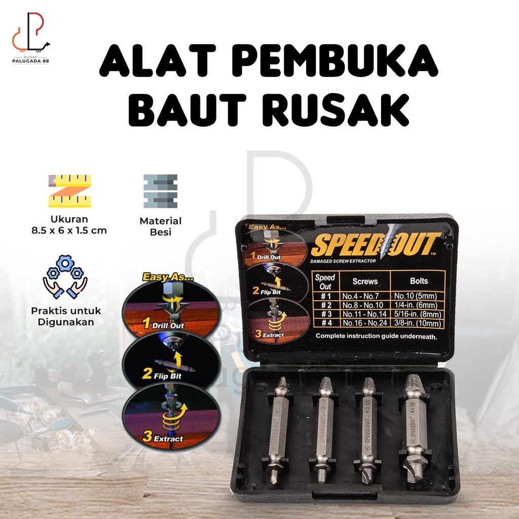 Speedout Tool Pembuka Baut Rusak Damaged Screw Speed Out Extractor Alat Buka Mata Obeng Repair Kit Remover Stripped