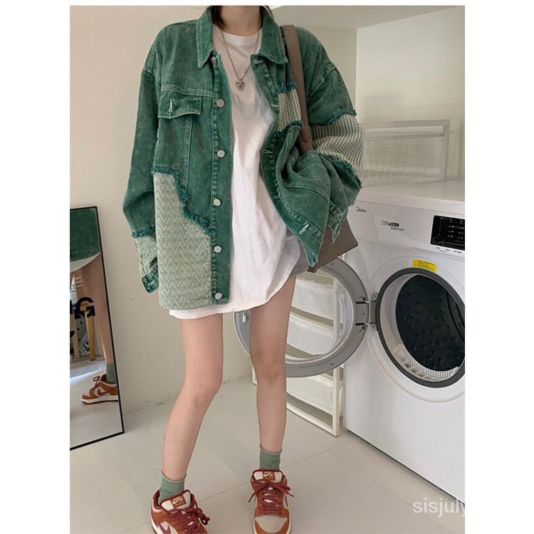 #Sisjuly# Jaket denim tambal sulam hijau vintage wanita jaket longgar baru wanita atasan