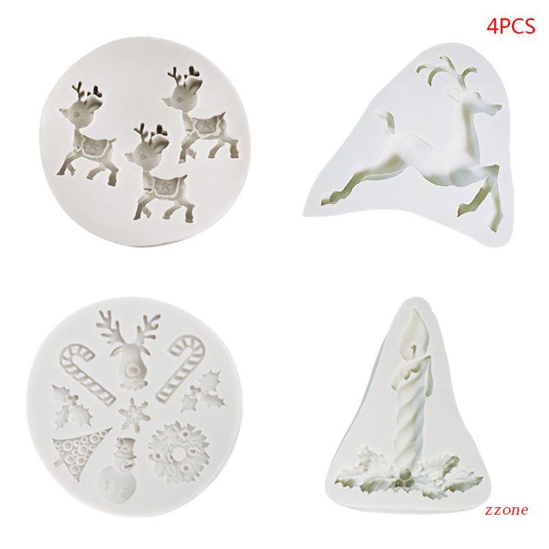 Zzz 4pcs / set Cetakan Kue / Coklat Bentuk Rusa Natal 3D Bahan Silikon