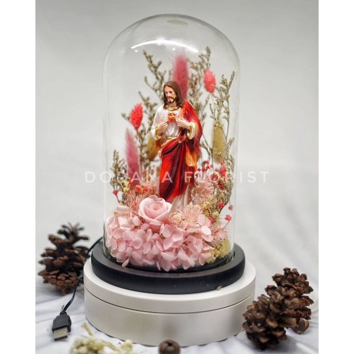 FLOWER GLASS DOME SPESIAL NATAL BUILT IN LED 12 X 22 - PATUNG YESUS