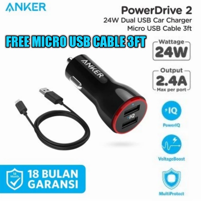 {YosuaStore} ANKER Car Charger Mobil 24Watt PowerDrive 2 Fast Charging - Cable Data - Charger Only D