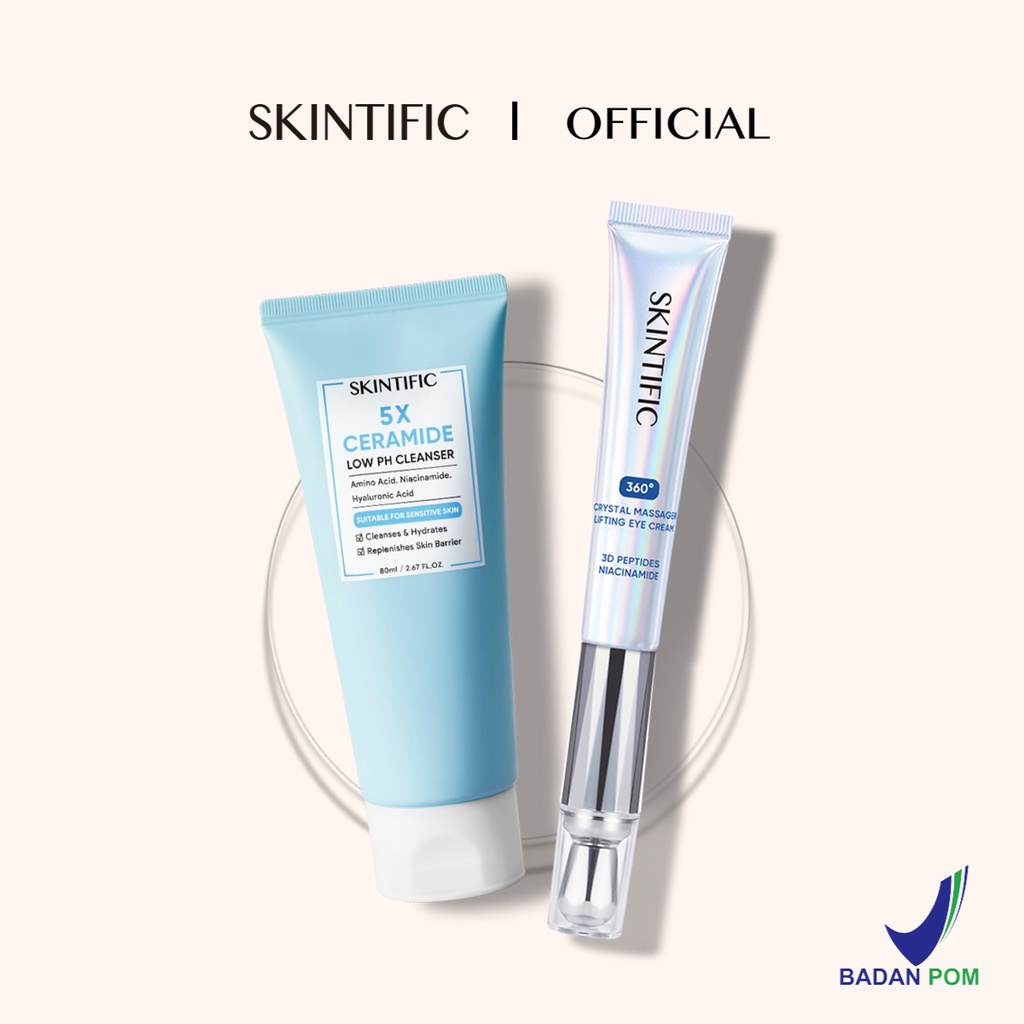 SKINTIFIC Set - 5X Ceramide Low pH Cleanser 80g Facial Wash Pembersih+ SKINTIFIC 360° Crystal Massager Lifting Eye Cream 20ml Krim Mata