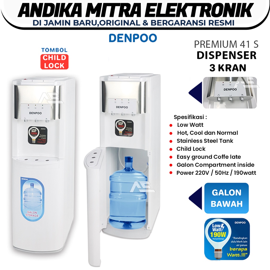 Dispenser Premium 41S Low watt Hot Cold dan Normal Galon Bawah Terbaru dan Termurah