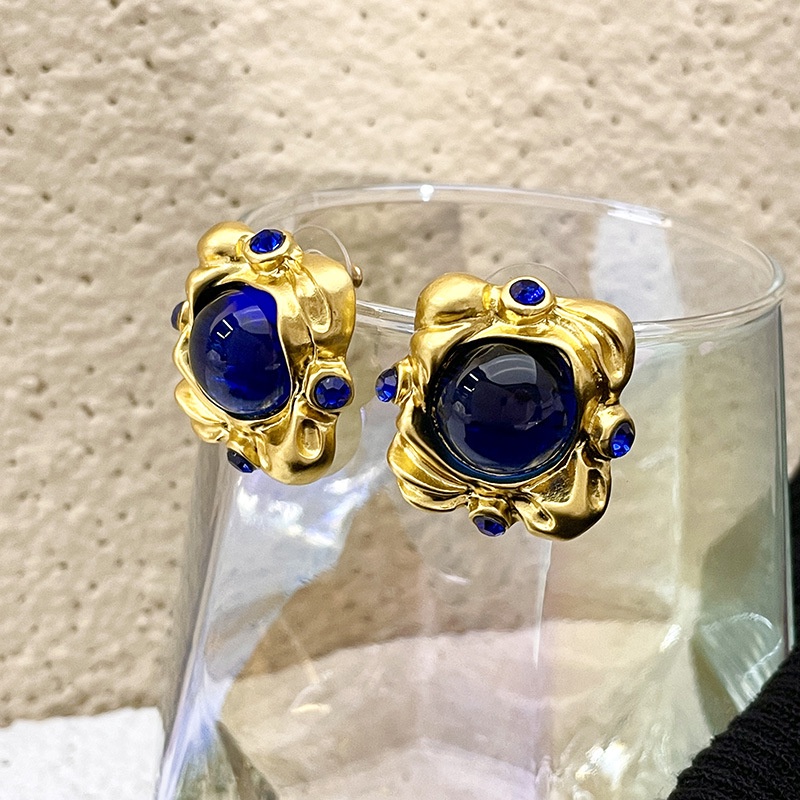 Anting Tusuk Bentuk Kotak Kaca Warna Biru Gaya Retro Untuk Wanita