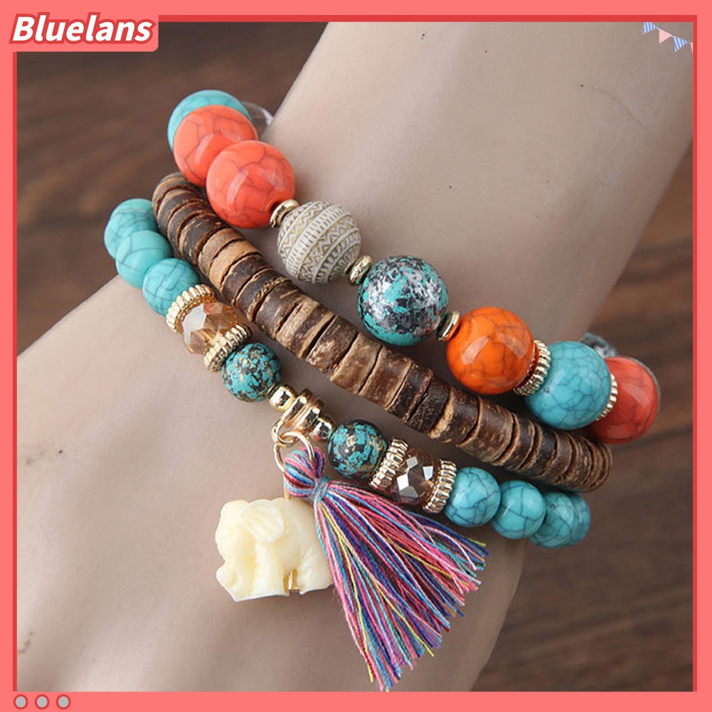 3pcs / Set Gelang Manik-Manik Batu Czech Aksen Gajah Rumbai Gaya Bohemian Untuk Wanita