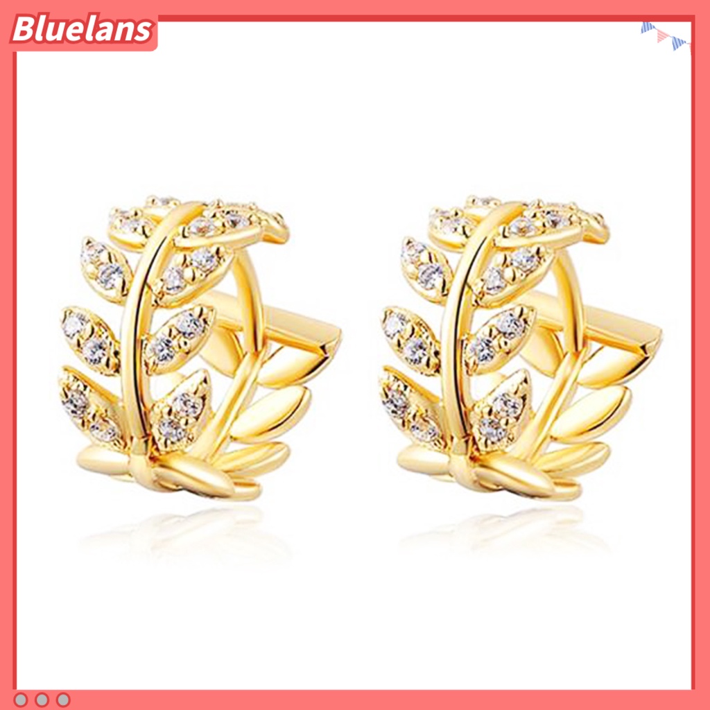 Bluelans Women Rhinestone Willow Leaf Temperament Ear Clip Piercing Earrings Jewelry