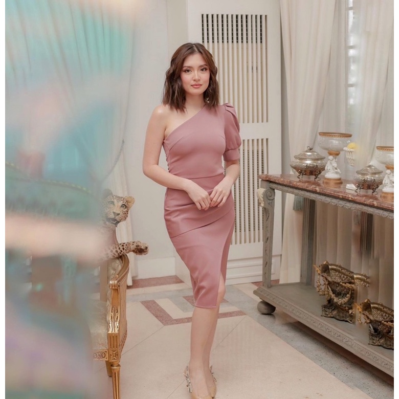 PEYTON DRESS - Dress bodycon one shoulder puff sleeves midi press body dress pesta party dinner casu