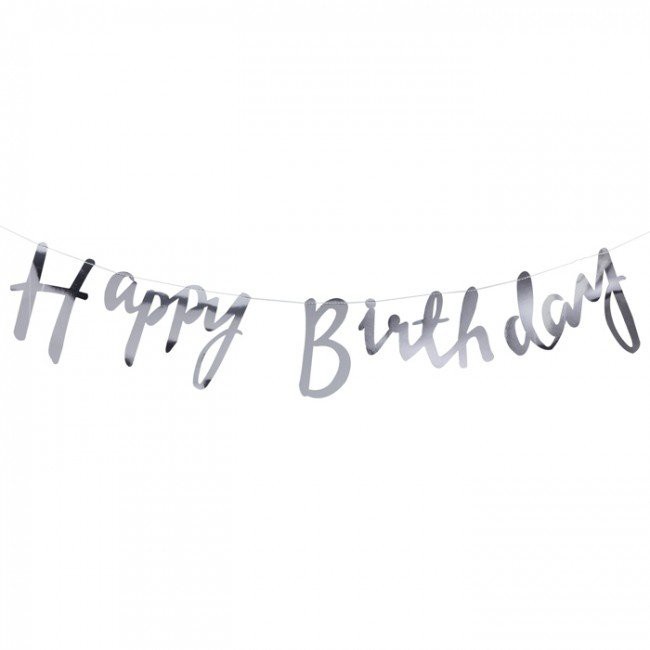 Banner Happy Birthday Silver Tulisan Latin Sambung Selamat Ucapan Ulang Tahun Ultah Pesta Anak Bentu