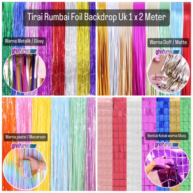Tirai rumbai / backdrop 1x2 meter / curtain foil fringe / background gold silver merah biru pink mud
