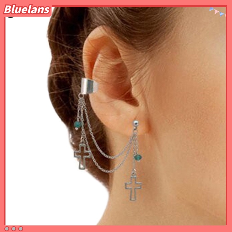 1 Buah Anting Stud: Model Cuff Rantai Berumbai Warna Perak Metalik Model Daun/Ikan/Salib