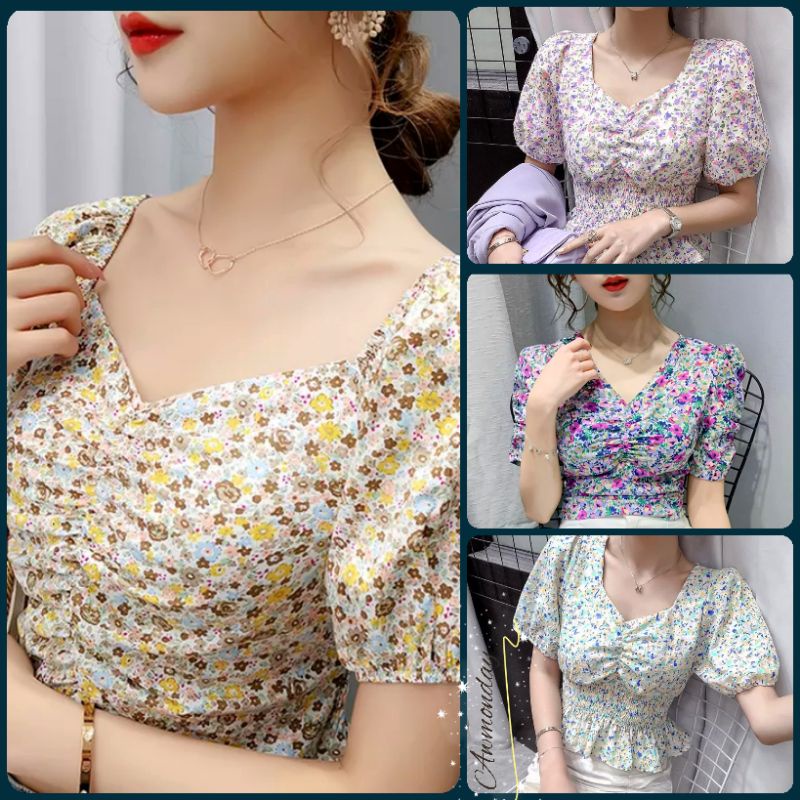 Blouse wanita dada kerut kerah persegi / atasan blus motif bunga