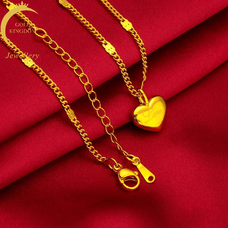 Goldkingdom Perhiasan Fashion Emas Asli Kadar 375 Bangkok Aksesoris Ready Stock Liontin Cinta Sederhana Kalung Rantai Hati Kecil Untuk Wanita