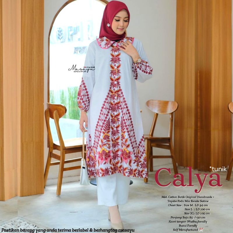 CALYA TUNIK ORI MASAYU, TUNIK BATIK ORIGINAL HANDMADE, TUNIK PUTIH BATIK, TUNIK BATIK MODERN