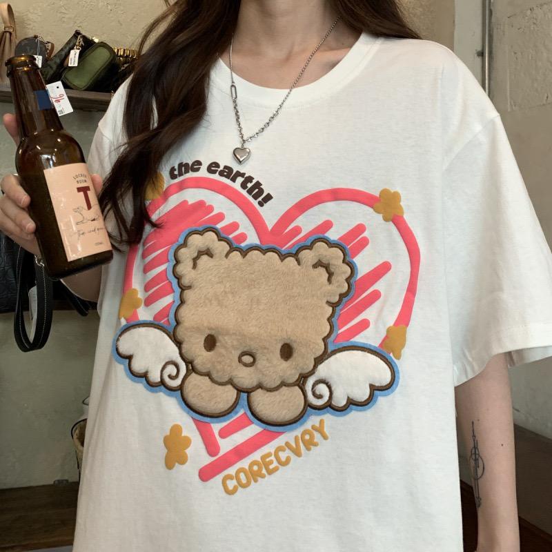 [littlecrab] Kaos Oversize Beruang Bulu Bersayap Corecvry Love Sablon Timbul We Love The Earth T-shirt Couple Unisex Lembut Berkualitas Motif Wings Bear With Love Unik Simple Korean Style