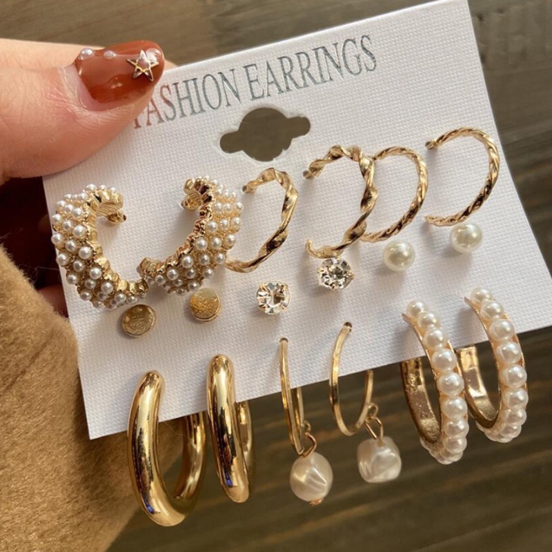 Anting 9-Piece Earrings Set Eropa Amerika Hias Mutiara Wanita Anting Variasi Opsional Kreatif Perancis Retro Emas Beberapa