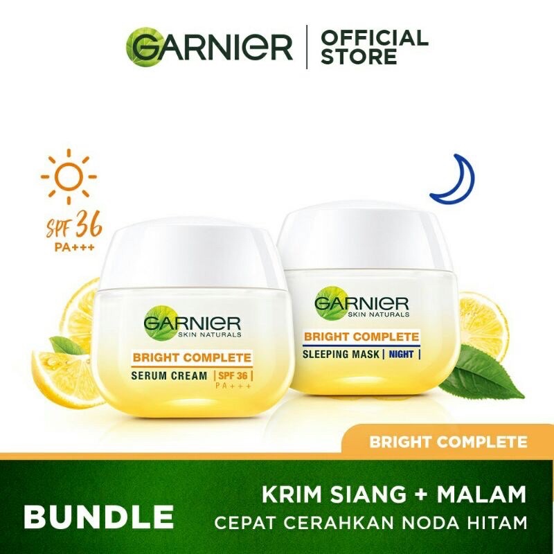 Garnier Bright Complete Serum Cream SPF36 Krim Siang  &amp; Garnier Bright Complete Sleeping Mask Krim Malam