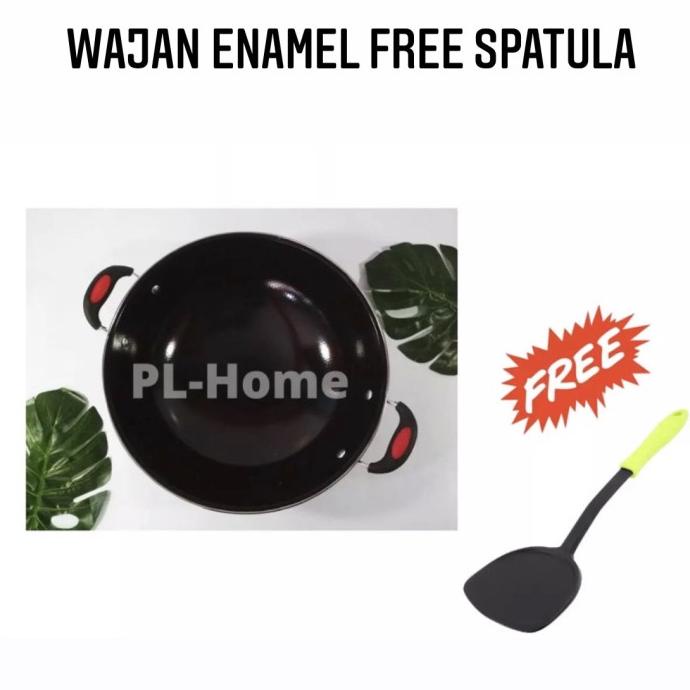 TERBARU Wajan Enamel Hitam 32 cm + free spatula /PERALATAN MASAK SET/PANCI PRESTO/PANCI SET/WAJAN AN
