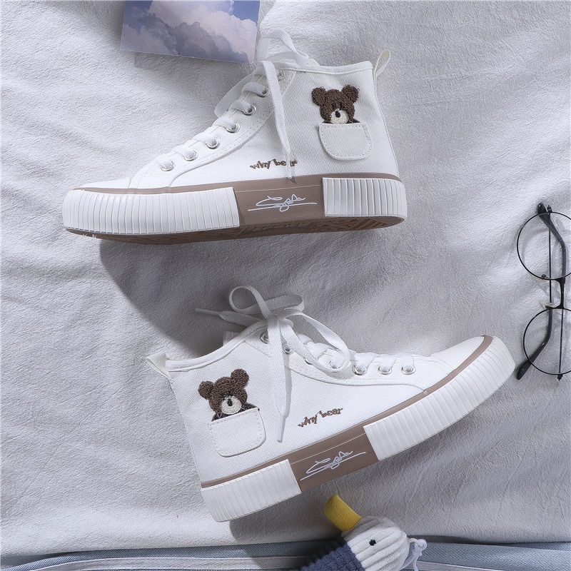 Sepatu Sneakers Korea Why Bear Putih Coklat Tinggi Import / Sepatu Kanvas Wanita Korean Styles Women Fashion